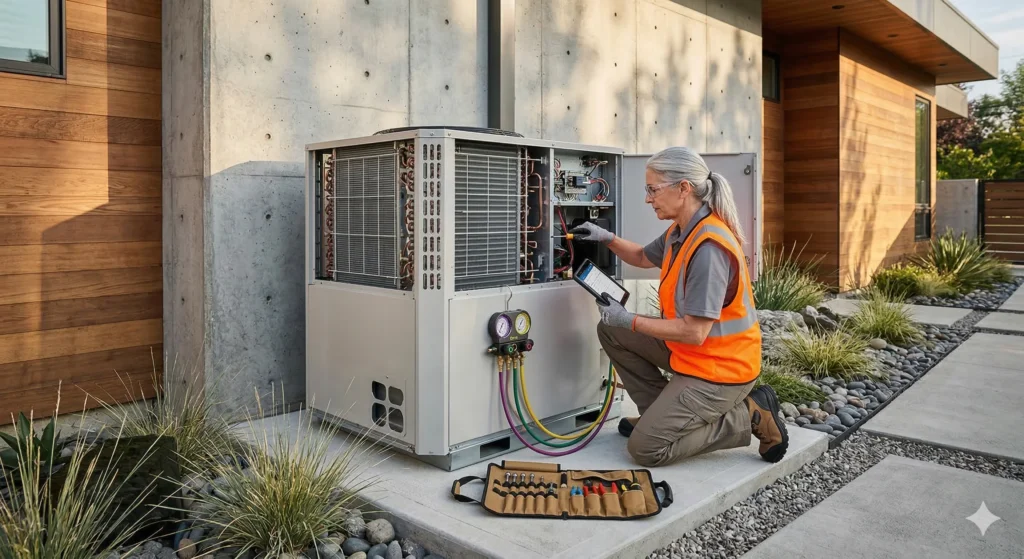 A lady ac technician doing diagnostic for AC repair in Belleair, FL