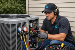 A technician fixing air conditioner