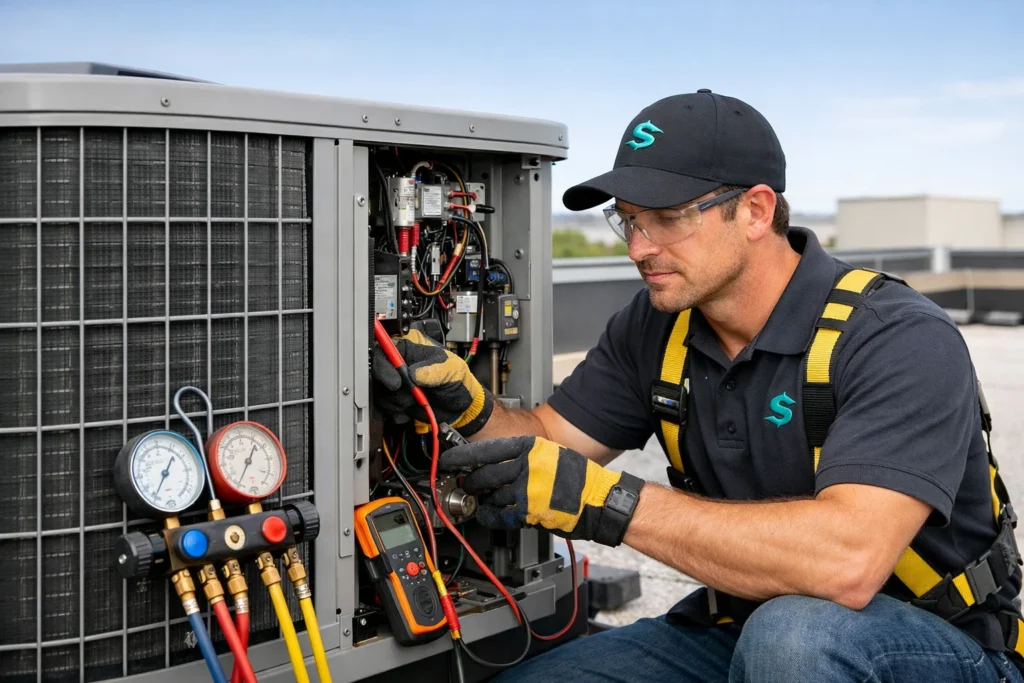 AC technician using tools to repair airconditioner