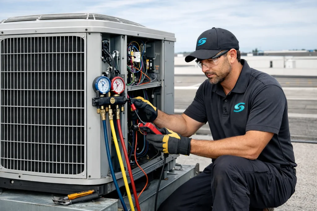 An AC technician doing repair symbolizing AC service in Belleair, FL