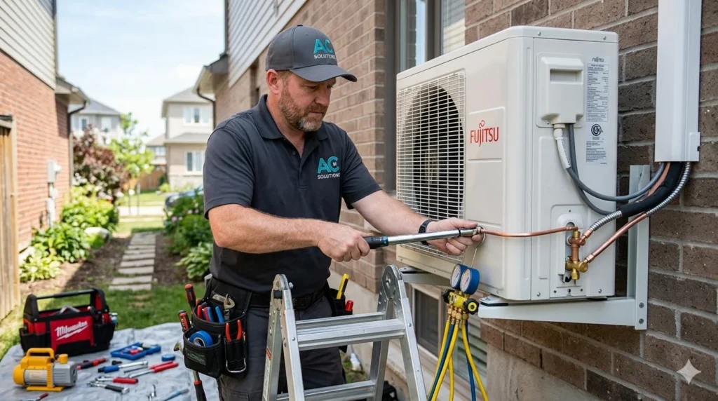 An AC technician working on HVAC installation.